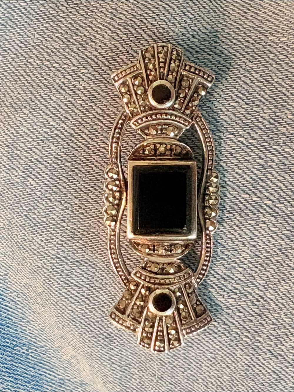 Vintage 925 Sterling Silver Marcasite Black Onyx Art Deco Bar Brooch - Picture 6 of 9